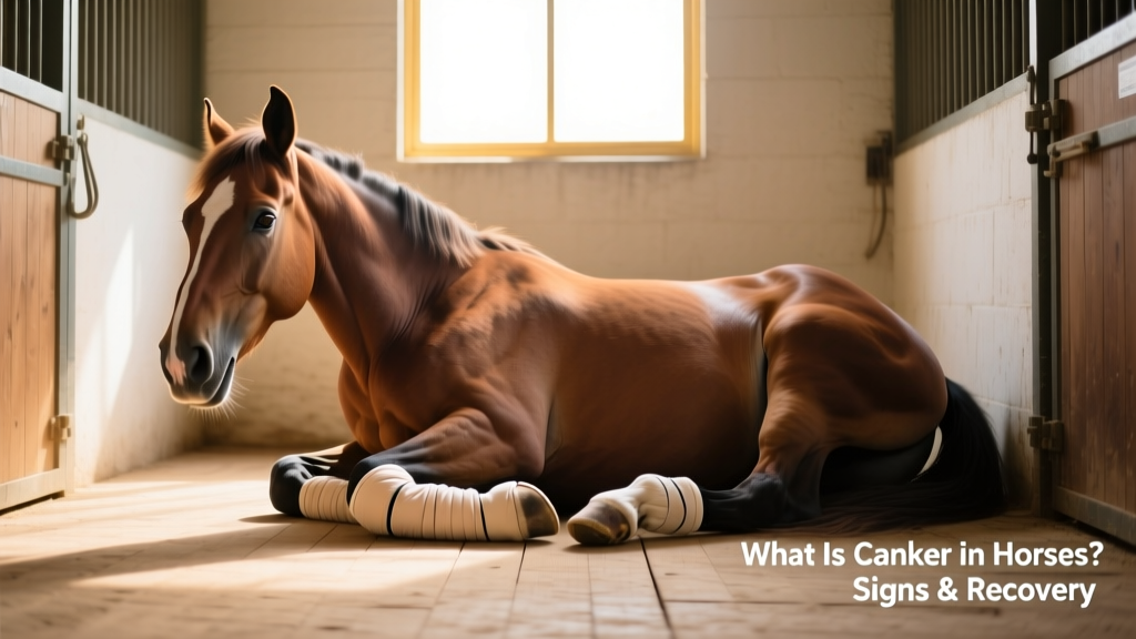 Horse wearing a padded hoof boot while resting in a clean, dry stall during canker recovery