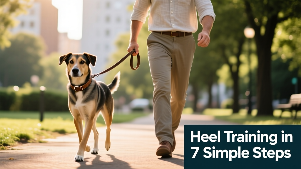 Side-by-side shot showing proper heel position: dog’s shoulder aligned with owner’s knee, leash slack, both moving confidently together