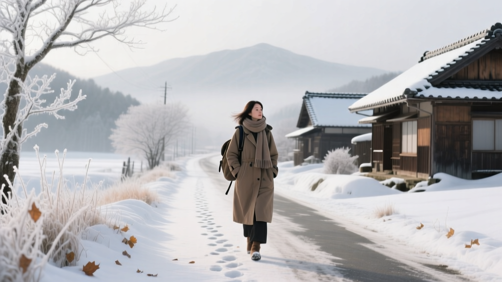 A solo female traveler walking on a snowy road in Japan in winter