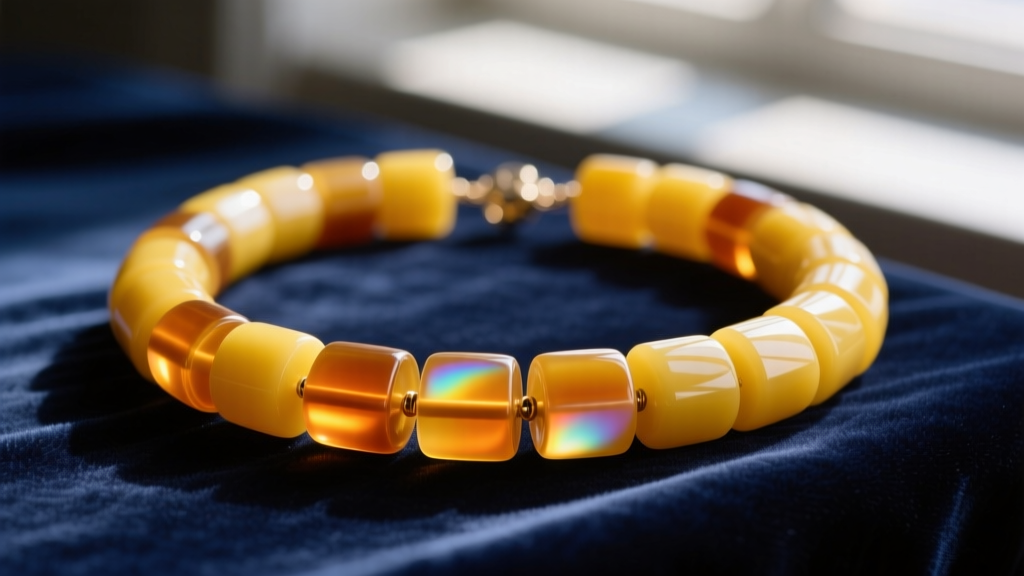 Close-up of a chunky vintage Art Deco bakelite beaded necklace in translucent apple juice yellow, resting on dark velvet fabric