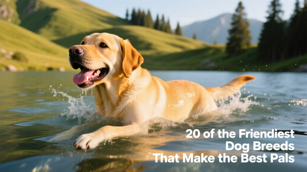 A golden Labrador Retriever swimming confidently in a clear lake, mouth open in joyful expression