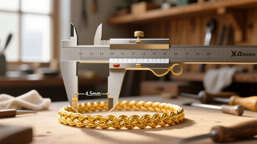 Digital calipers measuring the 4.5mm width of an 18k yellow gold rope necklace against a softly blurred workshop background.