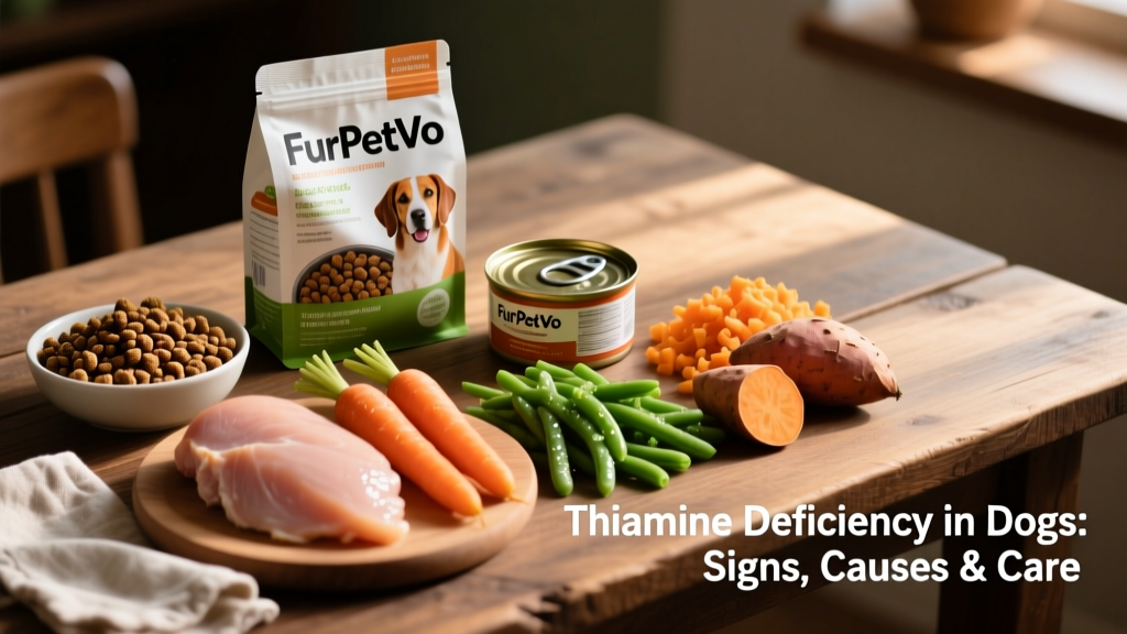 FurPetVo kibble and wet food packaging arranged beside fresh whole-food ingredients like lean meat and vegetables