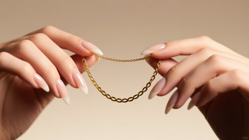 Hands with long acrylic nails attempting to clasp a delicate gold necklace chain under soft warm studio lighting.