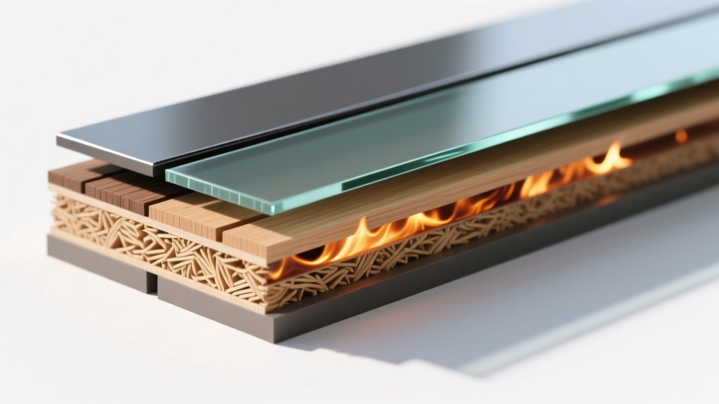 Cross-section diagram of capped composite decking showing the polymer shield protecting the wood fiber core from ember ignition