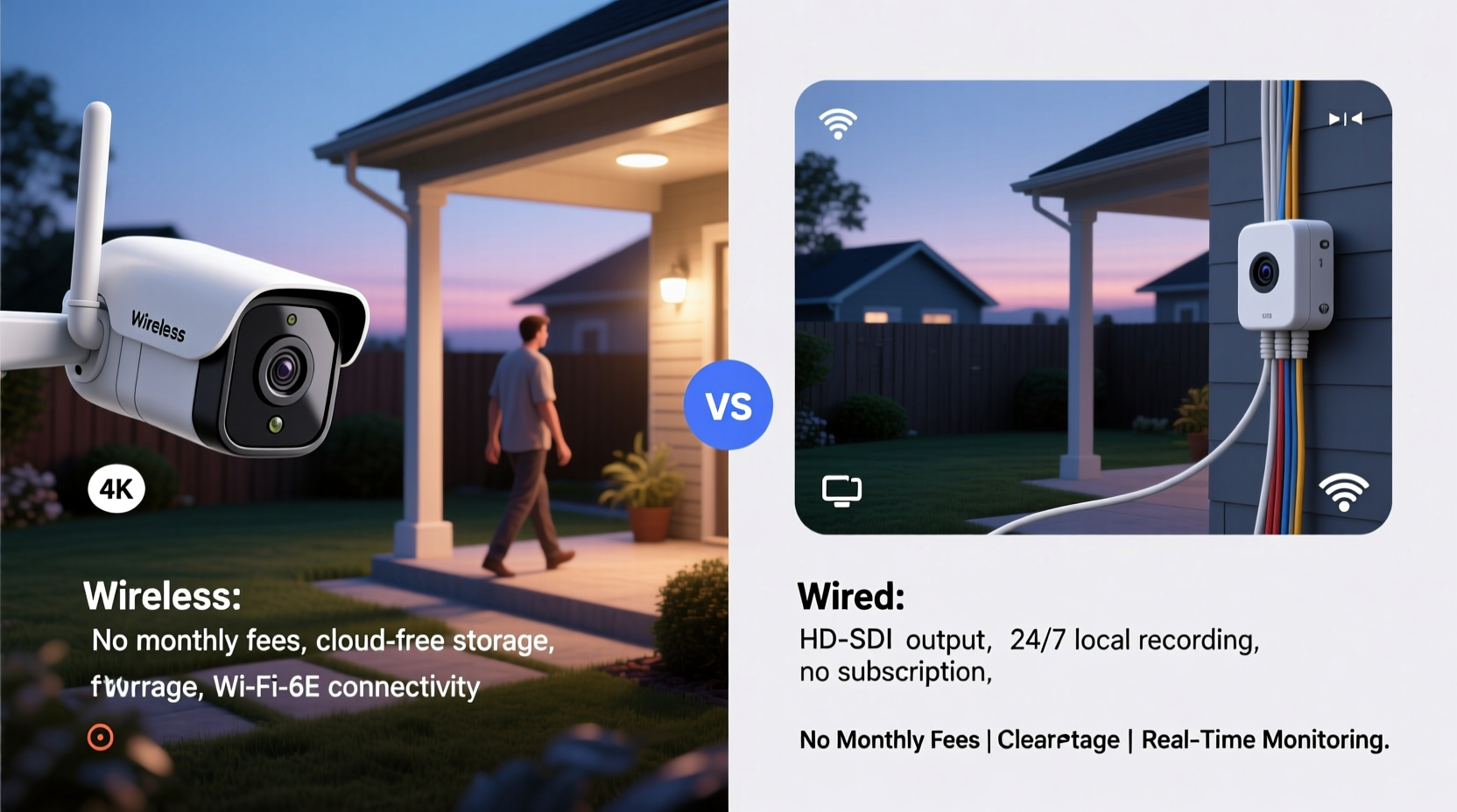 wireless security camera vs wired system which gives clearer footage without monthly fees
