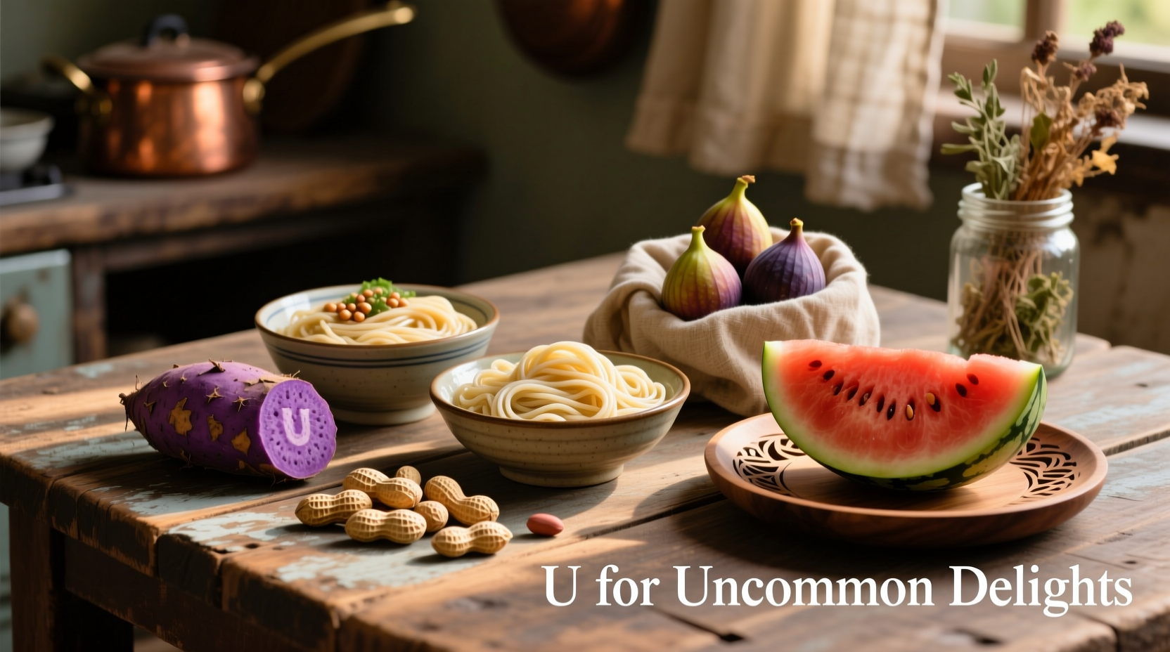Assorted foods beginning with letter U on wooden table
