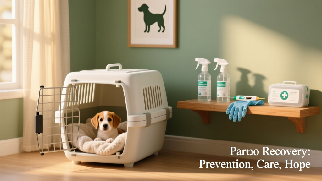 Close-up of a clean, well-lit indoor space with disinfectant supplies and a dog crate, symbolizing safe recovery environment