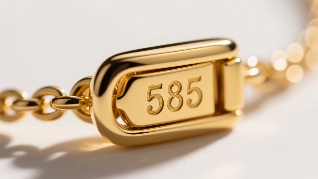 Extreme close-up of a tiny 585 hallmark stamped on the clasp of a 14K gold necklace, captured with a macro lens in bright light.