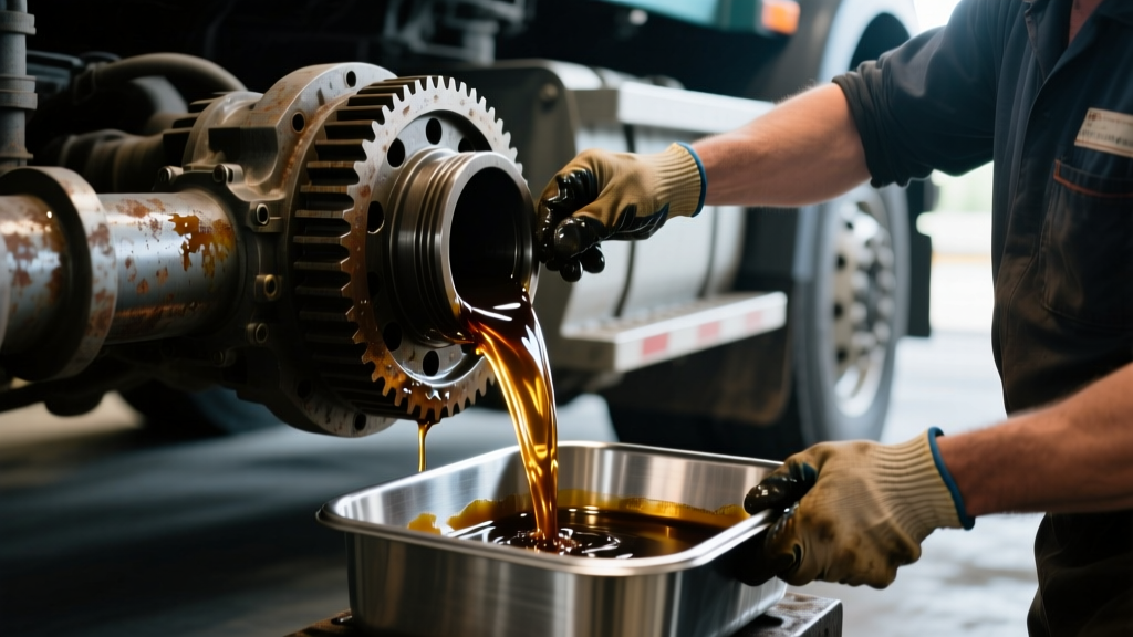 Mechanic draining dark degraded rear differential gear oil from a heavy duty truck axle into a catch pan.