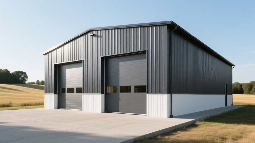 Exterior of a 40x60 charcoal pole building with white wainscoting, vertical steel siding, and garage doors on a concrete pad.