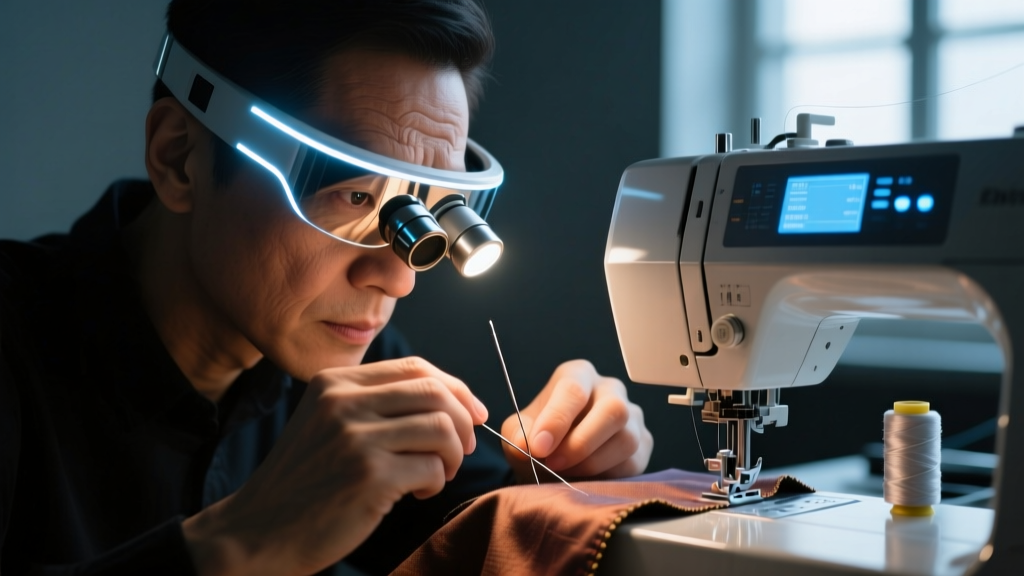 Close-up of a maker wearing a dual-LED magnifying visor while threading a needle on a computerized sewing machine in a dimly lit studio