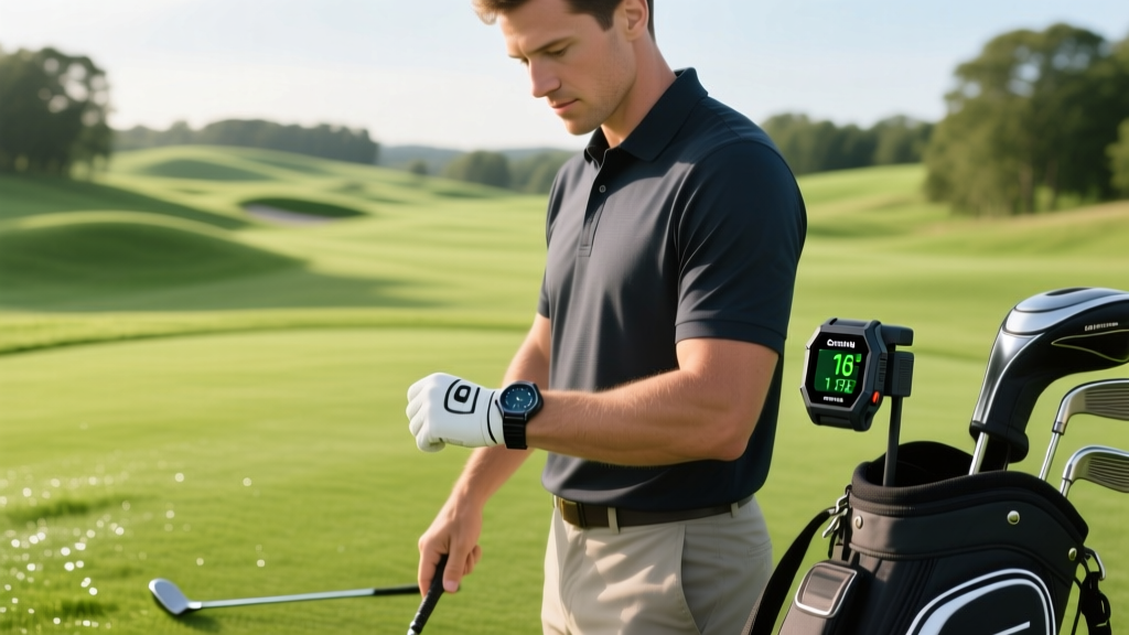 Golfer checking yardage on a Garmin Approach S76 GPS watch on a lush green fairway with a laser rangefinder clipped to his golf bag