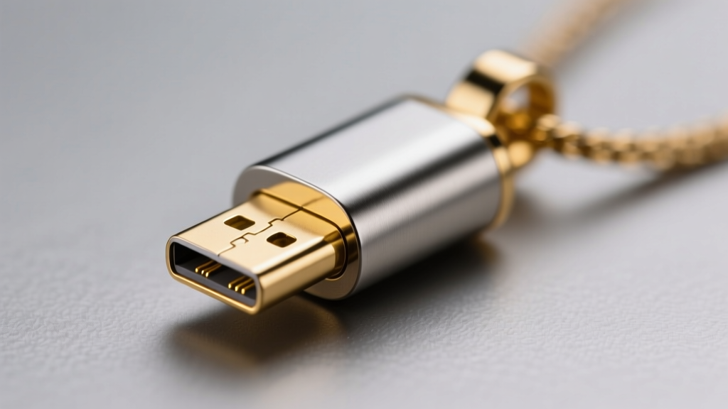 Macro shot of a capless USB-C connector integrated into a titanium pendant, showing gold-plated contact pins clearly.