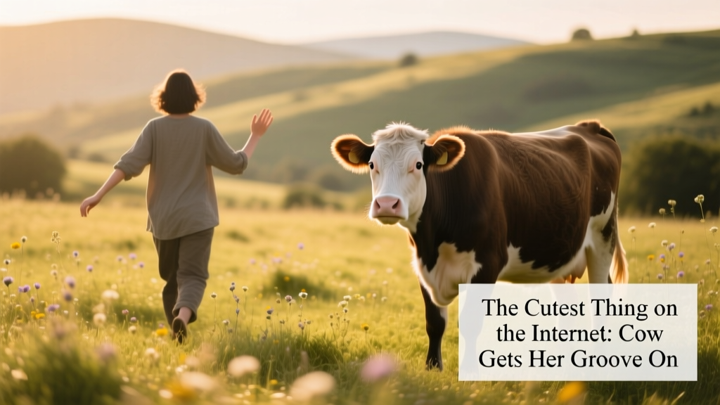 A person calmly walking backward while gently waving arms, with a curious cow standing a respectful distance away in a grassy field