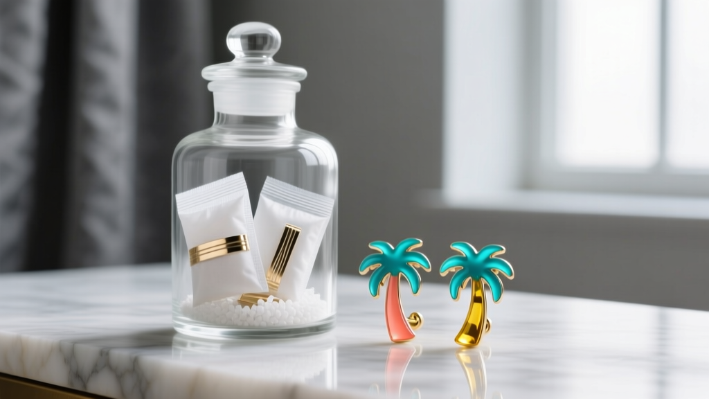 Glass apothecary jar with silica gel packets and anti-tarnish strips, sitting next to colorful resin palm tree stud earrings.