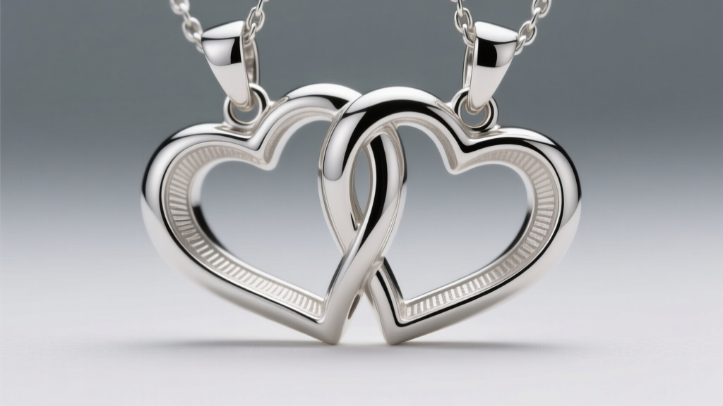 Close-up technical photo showing the exact 0.2mm tolerance gap between two interlocking sterling silver heart pendants.