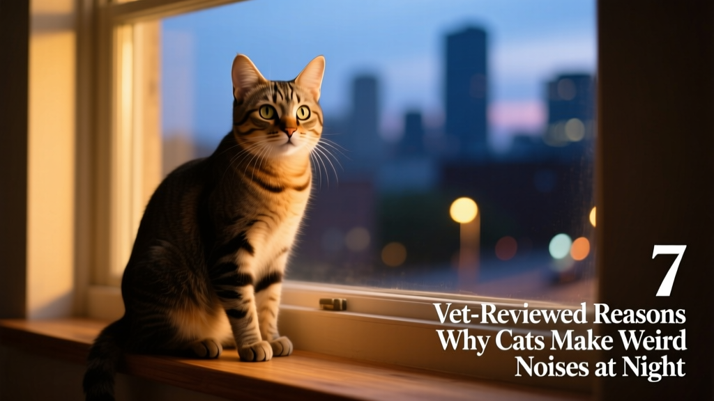 A cat sitting alert on a windowsill at twilight, ears pricked forward