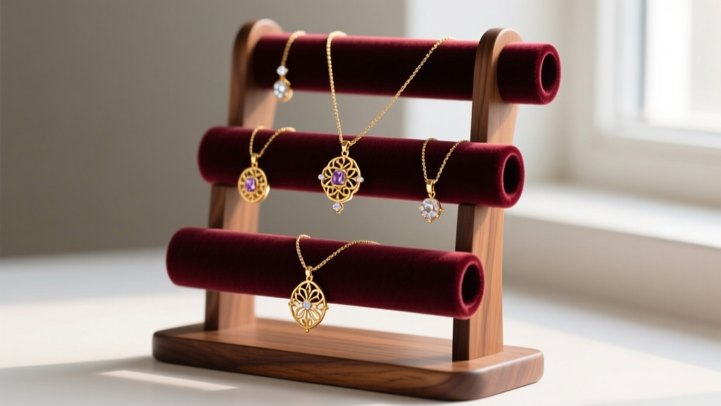 Elegant walnut wood bracelet necklace holder stand with tiered velvet arms displaying delicate gold pendant necklaces