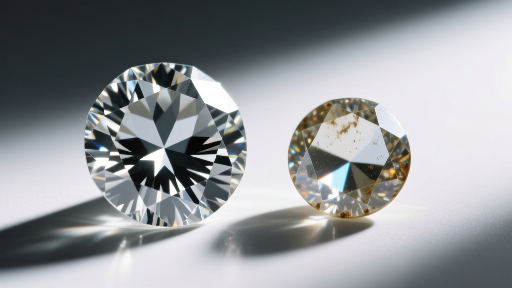 Macro shot of a real brilliant-cut diamond beside a vintage glass paste rhinestone, highlighting differences in light refraction.