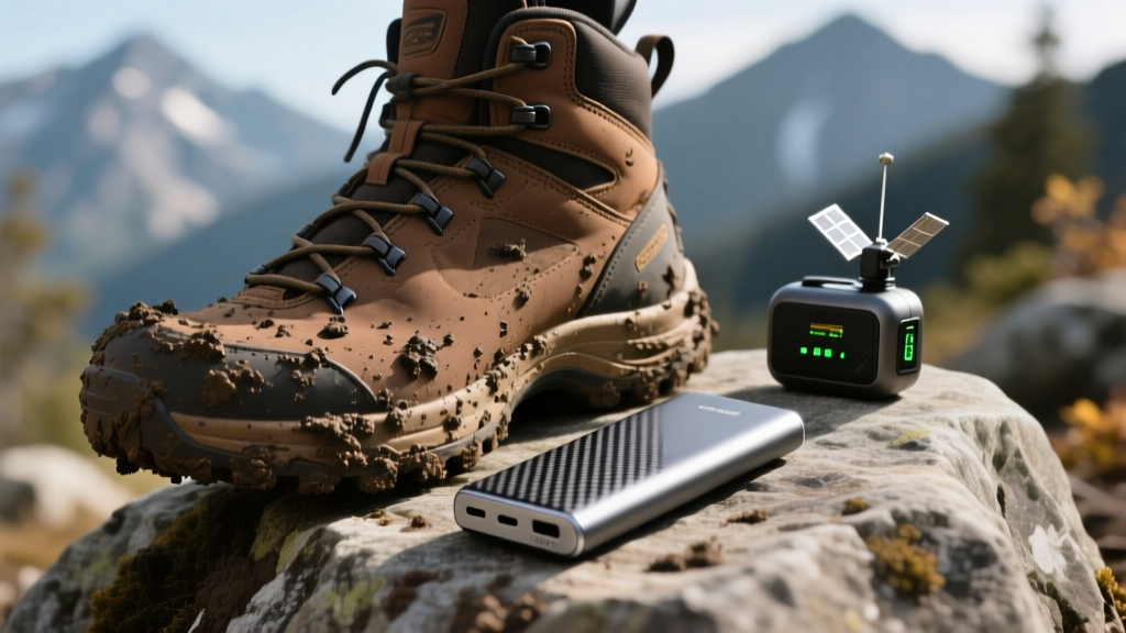 Close-up of a muddy hiking boot next to a carbon-fiber power bank and a satellite messenger resting on a granite boulder.