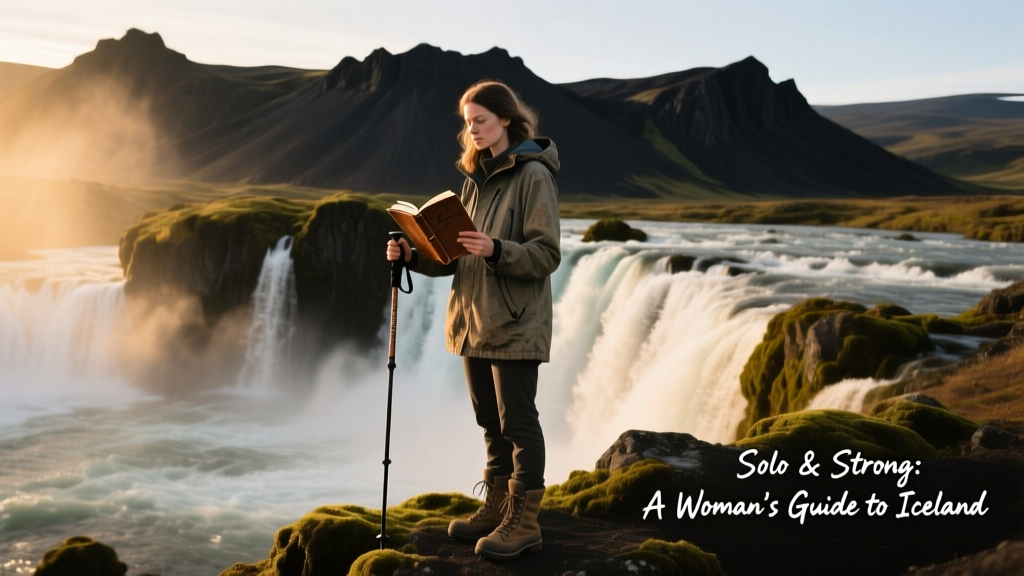 Solo female traveler standing before a massive waterfall in Iceland, framed by black volcanic hills