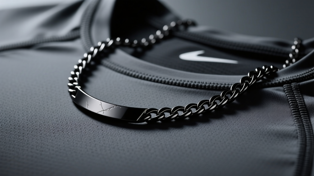 Close-up of a matte black PVD-coated titanium sports necklace resting on a dark grey athletic rash guard, studio lighting