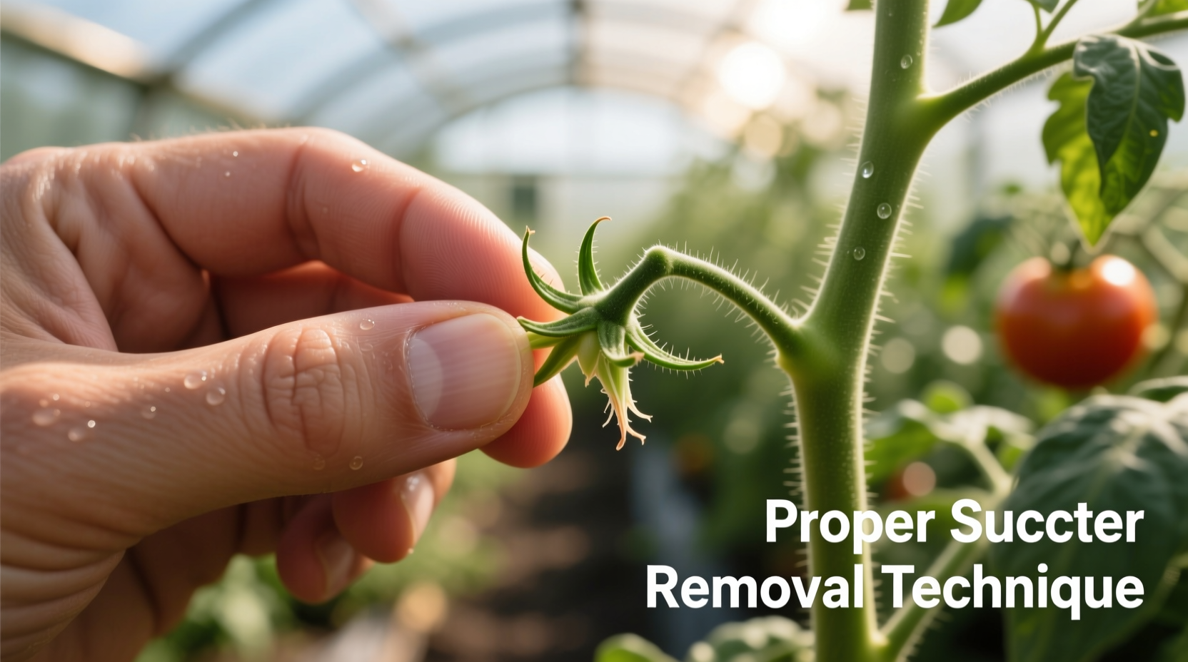 Close-up of hand pinching tomato sucker with proper technique