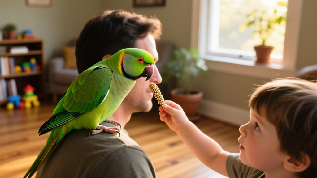A conure comfortably sitting on a parent’s shoulder while a child reaches out gently to offer a millet spray