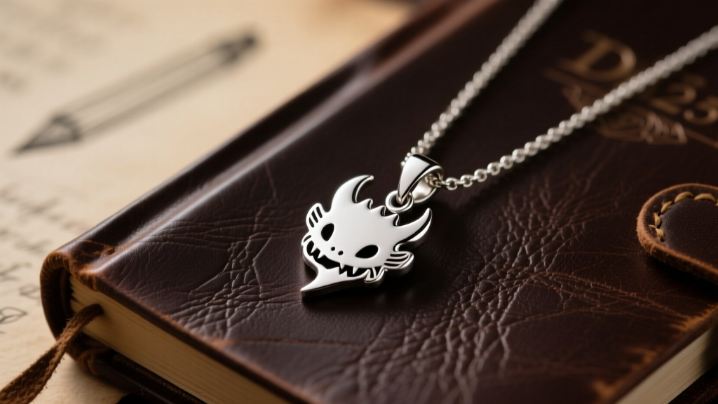 Close-up of a polished 925 sterling silver Toothless silhouette pendant resting on a dark leather journal, soft cinematic lighting
