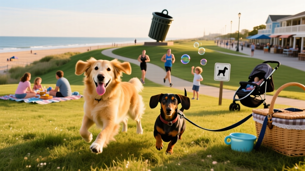 Two dogs playing side-by-side on a grassy hill at Mount Trashmore Park, with families and joggers visible in the background