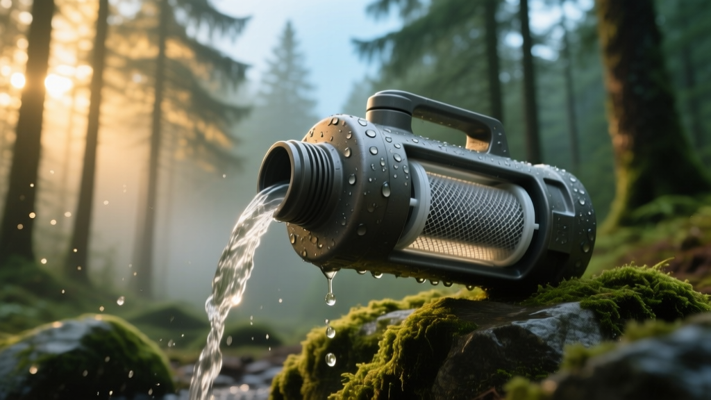 Close-up of a rugged water purification bottle pressing stream water through a micro-filter cartridge in a dense pine forest.