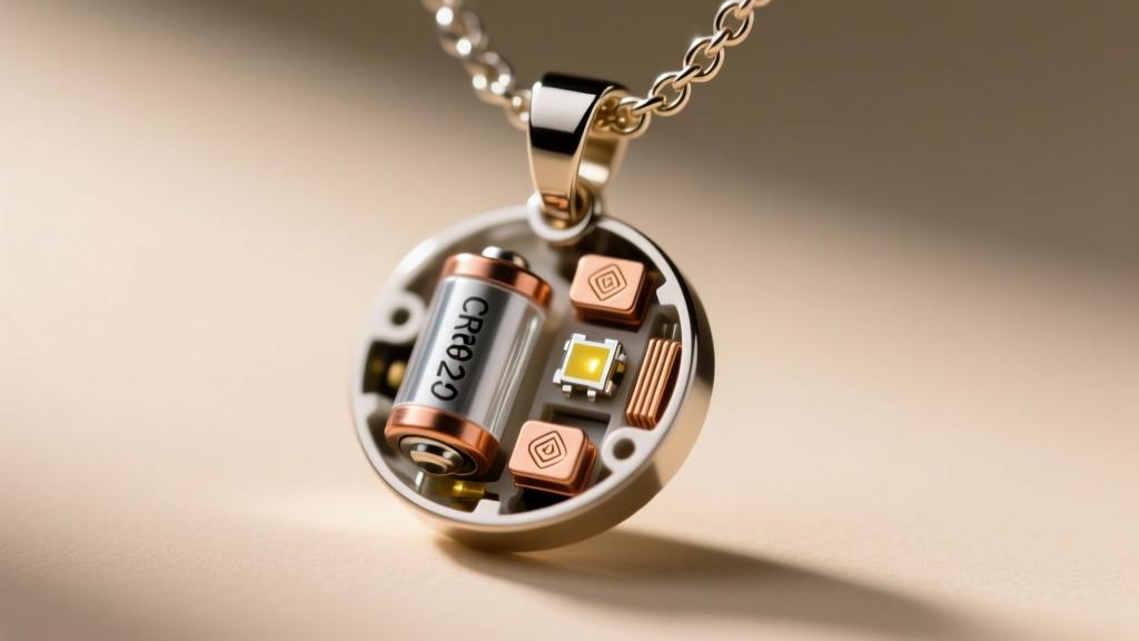 Macro shot of a disassembled light bulb necklace pendant revealing a CR927 battery, copper contacts, and tiny SMD LED chip