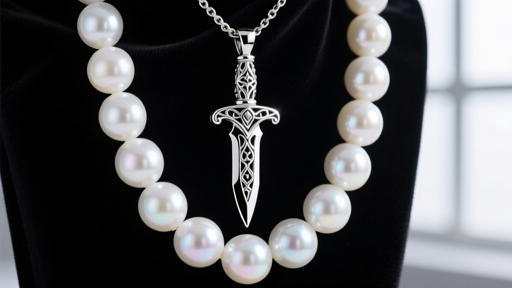 Close-up of a sterling silver Chrome Hearts dagger pendant on lustrous white freshwater pearls against dark velvet