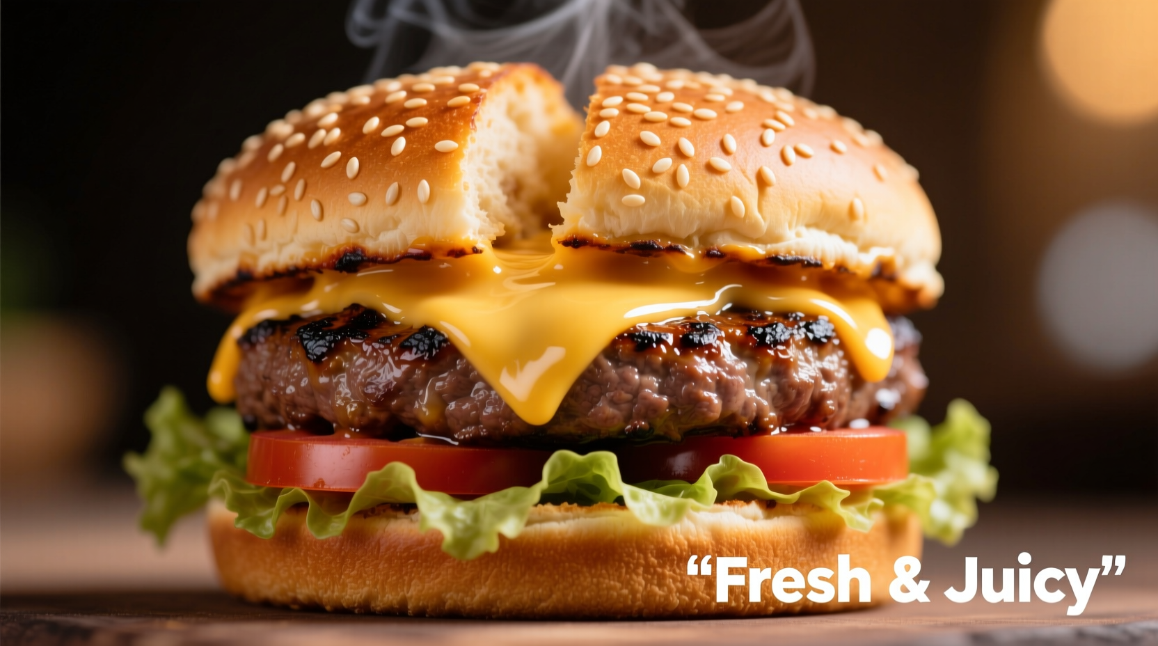 Juicy oven-baked burger with melted cheese and sesame seed bun