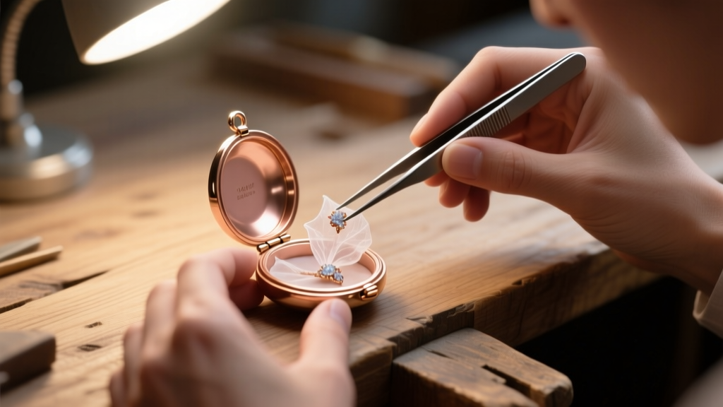 Jeweler placing dehydrated tissue into a 14k rose gold locket on a wooden workbench using fine tweezers under bright lamp light