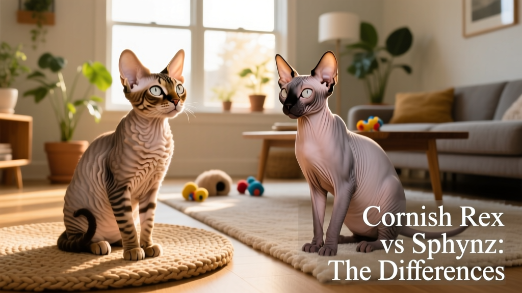 Side-by-side comparison showing a Cornish Rex with wavy coat and large ears next to a hairless Sphynx with wrinkled skin and prominent cheekbones