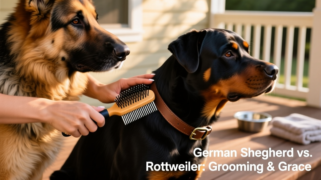 Close-up of hands brushing a German Shepherd’s thick double coat and a Rottweiler’s short glossy coat with appropriate grooming tools