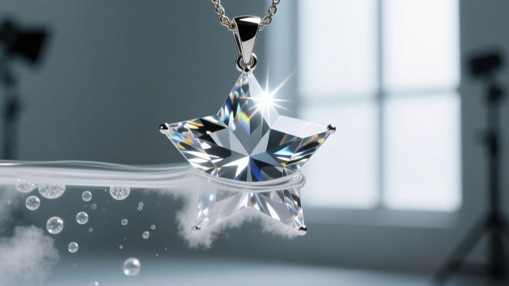 Macro view of a diamond star pendant in cleaning fluid, contrasting a cloudy lower facet with a brilliantly sparkling top point.