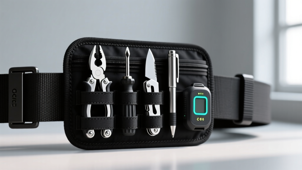 A modular MOLLE pocket organizer clipped to a black canvas belt, holding a multi-tool, tactical pen, and digital tracker.