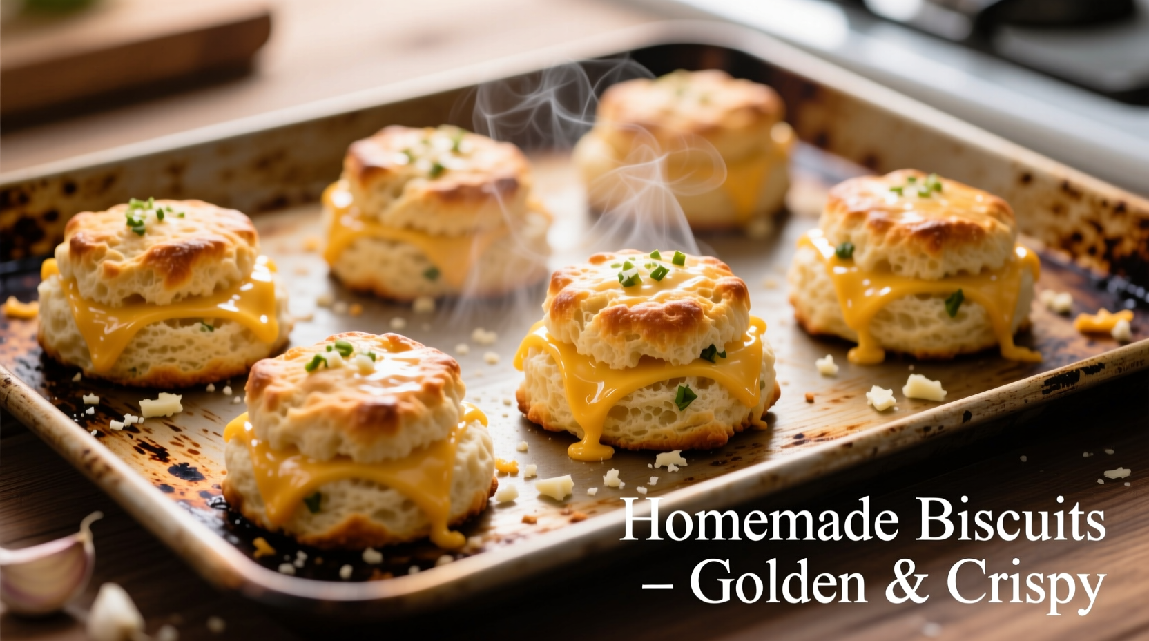Golden bisquick cheese and garlic biscuits on baking sheet
