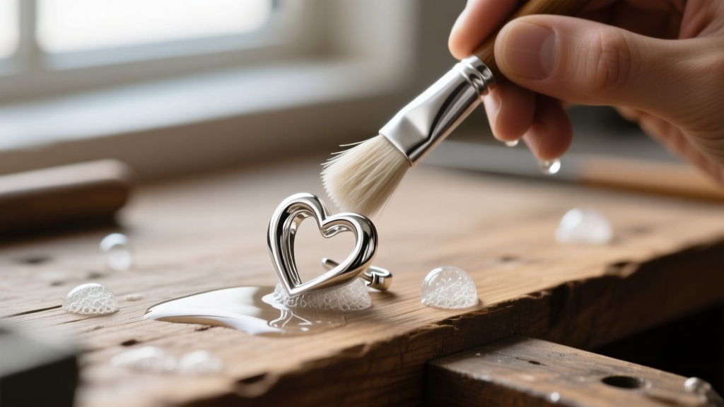 Jeweler using soft brush and soapy water to clean deep crevices of a sterling silver heart nugget earring on a wooden workbench.