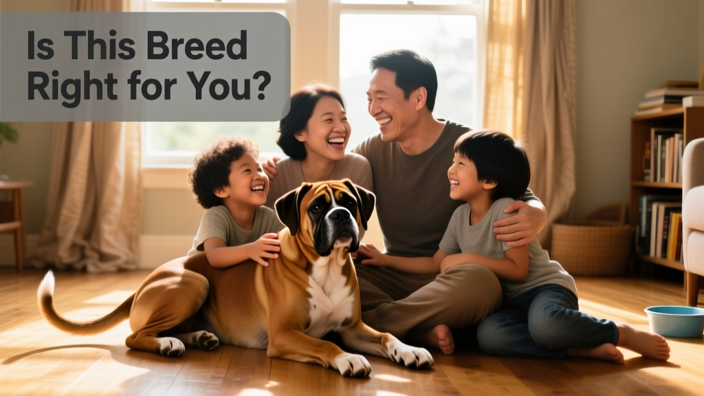 A smiling family sitting on the floor with an affectionate, relaxed Boxer between them