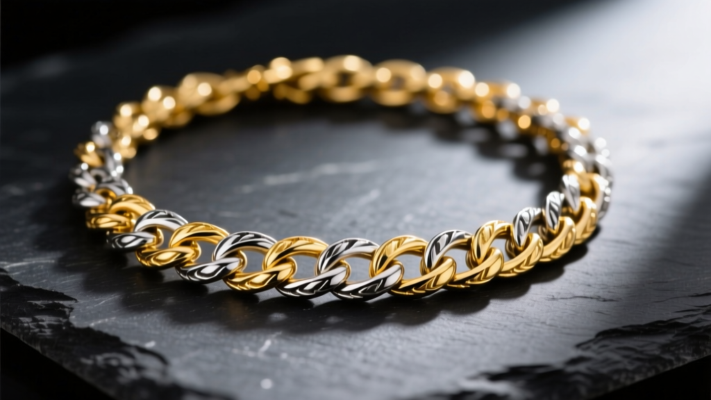 Macro shot of a woven 18k yellow gold and oxidized sterling silver chain necklace resting on a dark slate surface.