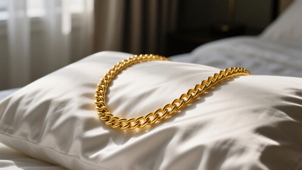 Macro shot of a 14k yellow gold rope chain necklace resting on wrinkled white silk pillowcase under soft, moody bedroom lighting