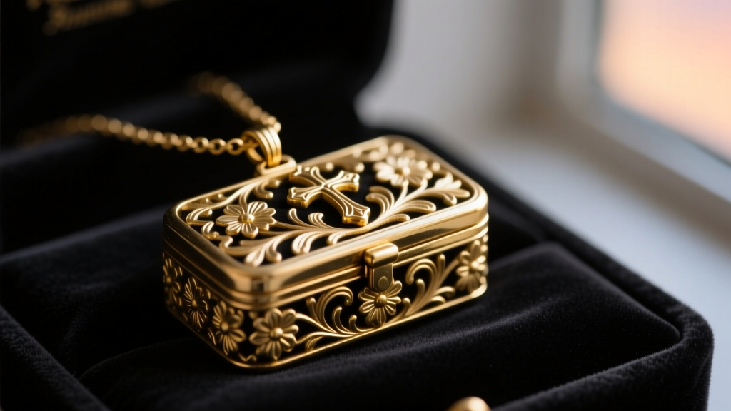A gold-filled vintage prayer box necklace on dark velvet, showing intricate floral repoussé details and a small brass hinge pin.