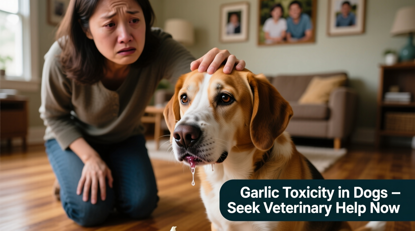 Dog showing symptoms of garlic toxicity with concerned owner