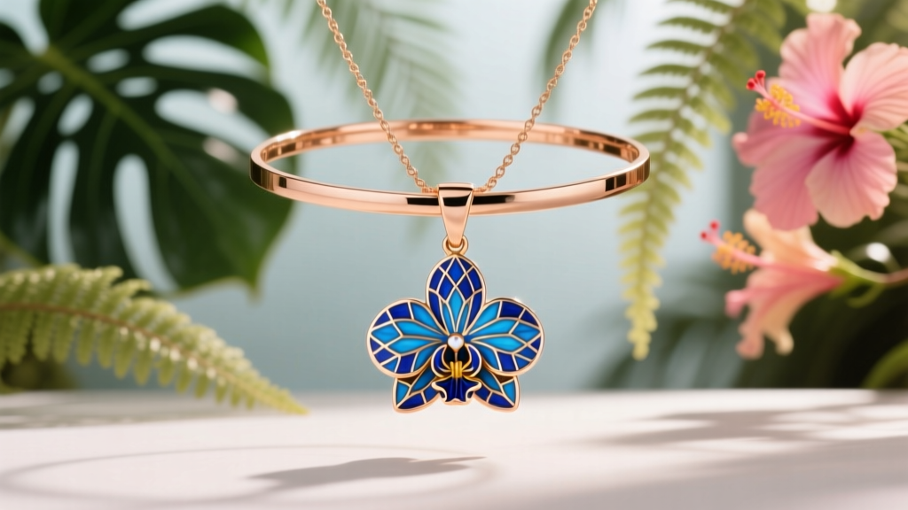 14k rose gold choker with a vibrant blue guilloche enamel orchid pendant against a softly blurred tropical botanical background