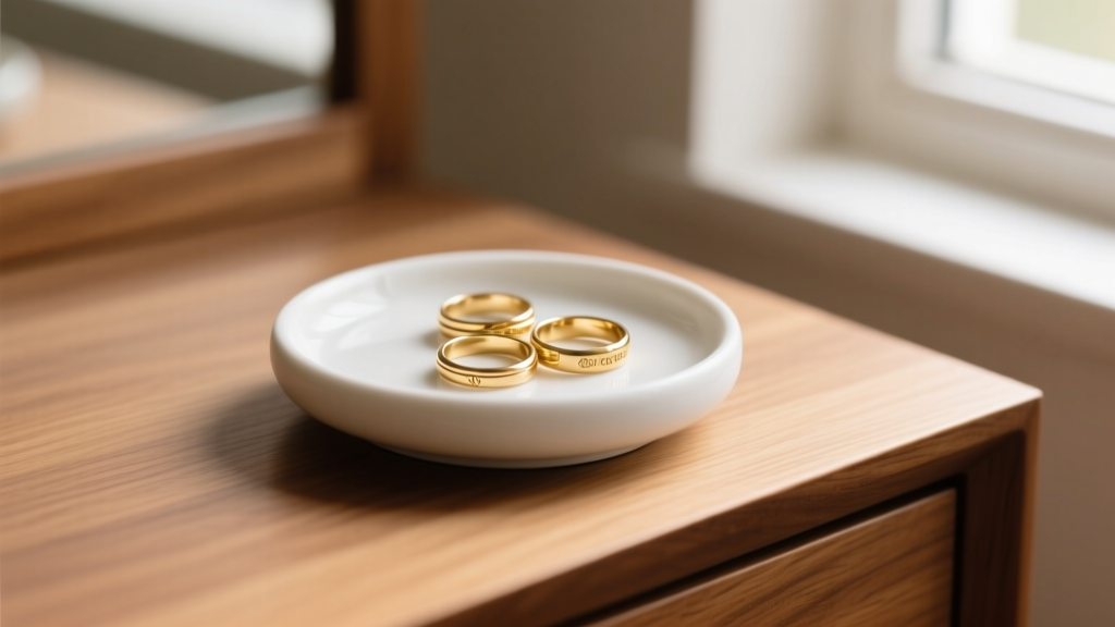 Matte white porcelain ceramic jewelry holder on an oak vanity, holding delicate gold rings under soft natural light.