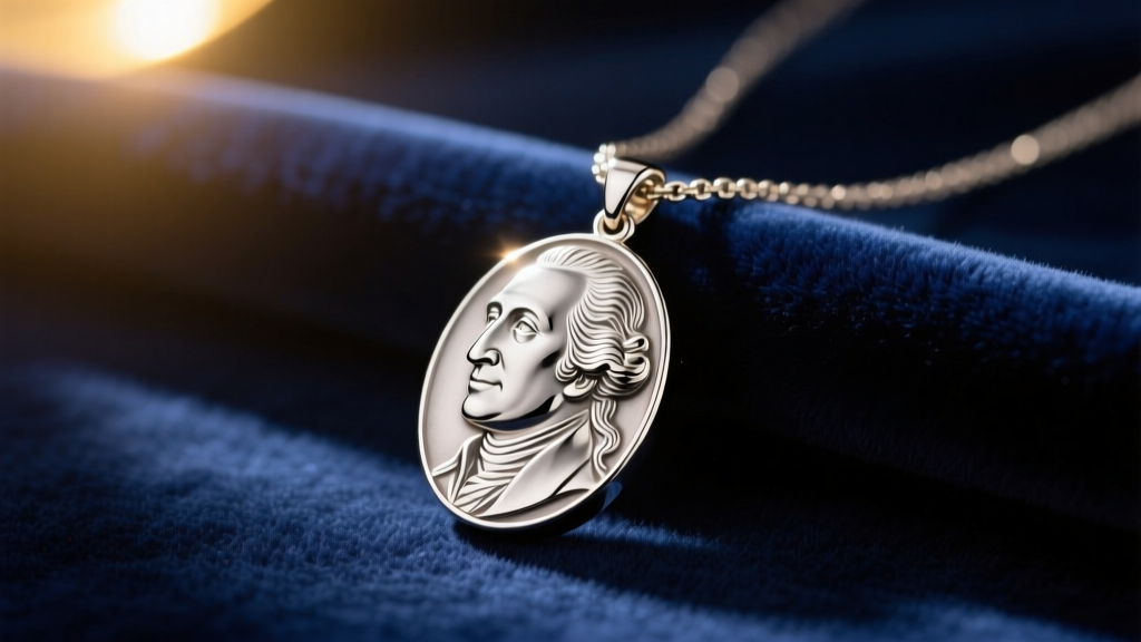 Sterling silver George Washington profile cameo necklace resting on dark blue velvet, illuminated by soft warm spotlighting.